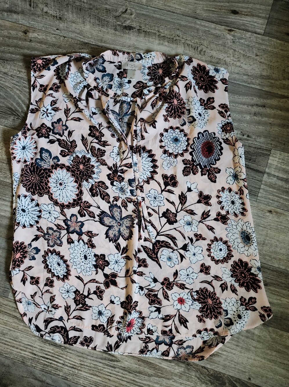 LOFT Pink Floral Sleeveless Blouse with Black and White Accents